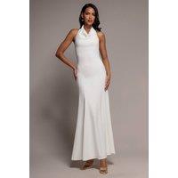 Goddiva Women's Halterneck Cowl Neck Backless Scuba Crepe Maxi Dress in White | Size: 10