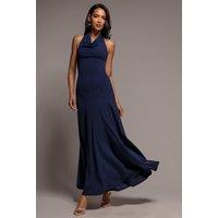 Goddiva Women's Halterneck Cowl Neck Backless Scuba Crepe Maxi Dress in Navy | Size: 12