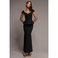 Goddiva Women's Cap Sleeve Sweetheart Peplum Scuba Maxi Dress in Black | Size: 14