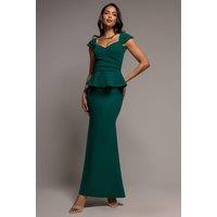 Goddiva Women's Cap Sleeve Sweetheart Peplum Scuba Maxi Dress in Green | Size: 18