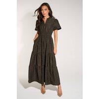 Sarta Women's Abstract Print Collared Tiered Maxi Dress in Antique Gold in Bronze | Size: Large