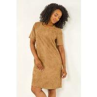Roman Women's Petite Premium Stretch Suede Shift Dress in Tan | Size: 8