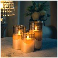 Living and Home 3Pcs Gold Glass Flameless LED Candles Realistic Swaying Flame Pillar Candles in Grey