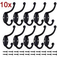 Kelvenix 10pcs Hooks +20pcs Screws Polished Metal Double Hat & Coat Hooks in Black | Size: 10000mm x 520mm