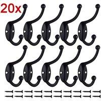Kelvenix 20pcs Hooks + 40pcs Screws Polished Metal Double Hat & Coat Hooks in Black | Size: 10000mm x 520mm