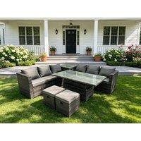 Fimous Dark Grey Mixed Wicker Rattan Corner Sofa Garden Furniture Rising Table Sets Footstool