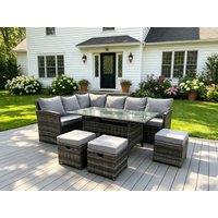 Fimous Semi-Assembled 9 Seater Rattan Garden Furniture Corner Sofa Dining Sets Outdoor Patio With 3 Stools in Dark Grey