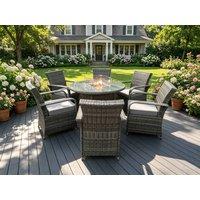 Fimous Rattan Garden Furniture Gas Fire Pit Round Dining Table Gas Heater & Dining Chairs 6 Seater in Dark Grey