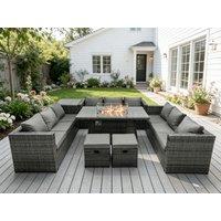Fimous Outdoor Rattan Garden Furniture Gas Fire Pit Dining Table Gas Heater Sets Side Table Small Footstools in Dark Grey