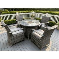 Fimous Rattan Gas Fire Pit Round Dining Table & Dining Chairs in Dark Grey