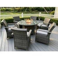 Fimous Rattan Gas Fire Pit Round Dining Table & Dining Chairs in Dark Grey
