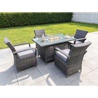 Fimous Rattan Garden Furniture Gas Fire Pit Rectangle Dining Table & Chairs 4 Seater Rectangular Table in Dark Grey
