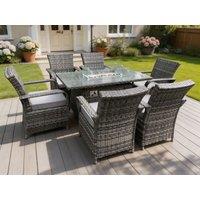 Fimous Rattan Garden Furniture Gas Fire Pit Rectangle Dining Table & Chairs 6 Seater Rectangular Table in Dark Grey