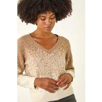 Roman Women's Sparkly Ombre V-Neck Knit Jumper in Beige | Size: 10