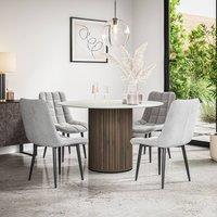 More4Homes Arlo White Marble Top W Walnut Leg + Nova Velvet Dining Chair Set Of 6 in Grey
