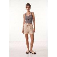 Happiness Istanbul Women's High Waist Drawstring Mini Shorts with Binding Detail in Beige | Size: Medium