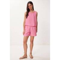 Happiness Istanbul Women's Sleeveless Boat Neck Cotton Two-Piece With Wide Leg Shorts in Bright Pink | Size: Small