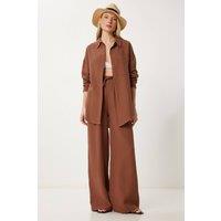 Happiness Istanbul Women's High Waist Wide Leg Two-Piece Co-ord Set with Shirt Collar in Brown | Size: Medium