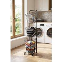 Garden Sanctuary 3-Tier Iron Rolling Laundry Basket with Wheels in Black