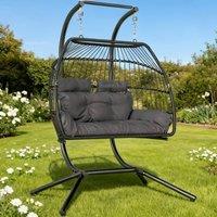 ERGOVEXA Rattan Double Hanging Egg Chair with Stand, Dark Grey