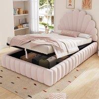 Matteo Women's Pink Velvet Princess Single Bed with Shell Headboard & Ottoman Storage