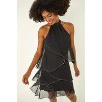 Roman Women's Sequin Trim Halterneck Dress in Black | Size: 16