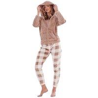 Keanu Women's Checked Fleece Long Pyjama Set in Taupe | Size: 8-10