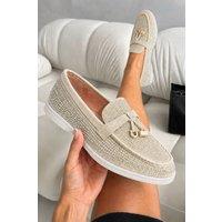 Love Lemonade Women's Sparkly Sloane Embellished Flat Loafers in Nude | Size: 3