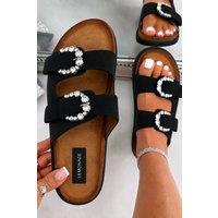 Love Lemonade Women's Sparkly Mila Double Buckle Chunky Platform Sliders in Black | Size: 5