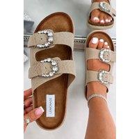 Love Lemonade Women's Sparkly Mila Double Buckle Chunky Platform Sliders in Nude | Size: 4