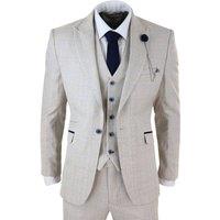 Infinity Leather Men's 3 Piece Check Tweed Herringbone Vintage Classic Suit in Cream | Size: 46R