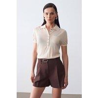Dilvin Women's Slim Fit Polo Collar Knitted Blouse in Cream
