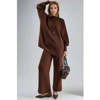 MyFashion Women's Loose Fit Sweater & Pants Knit Co-ord Set in Dark Brown