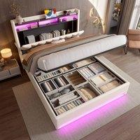 BTM Double LED Hydraulic Storage Bed USB Type-C 135x190 Beige