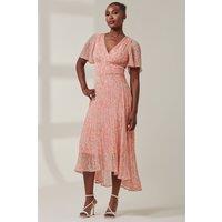 Jolie Moi Women's Chelsea Pleated Chiffon Dip Hem Maxi Dre in Coral | Size: 10