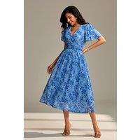 Jolie Moi Women's Flutter Sleeve Mesh Maxi Dress in Blue | Size: 18