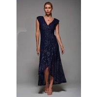 Jolie Moi Women's Sequin Asymmetric Ruffle Hem Maxi Dress in Navy | Size: 14