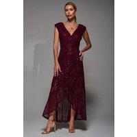 Jolie Moi Women's Sequin Asymmetric Ruffle Hem Maxi Dress in Dark Red | Size: 10