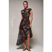 Jolie Moi Women's Asymmetrical Draped Mesh Midaxi Dress in Brown | Size: 10