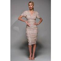 Jolie Moi Women's Flare Sleeve Sequin Dress in Beige | Size: 18