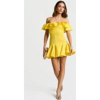 Faia Women's Yellow Ruffle Bardot Mini Dress | Size: Medium
