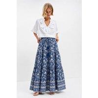 Soul of Sita Women's Blue Brianne Woodblock print skirt with border | Size: 12-14