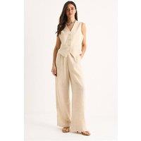 Bianco Lucci Women's V-neck Vest & Wide Leg Pants Two-Piece Coord Set in Medium Beige