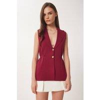 Happiness Istanbul Women's Crepe Woven Sleeveless Waistcoat with Jacket Collar in Burgundy