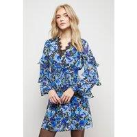 Oasis Women's Printed Lace Detail Frill Sleeve Mini Dress in Floral | Size: 16
