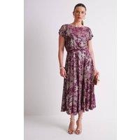 Klass. Women's Foil Printed Midi Dress in Burgundy | Size: 14