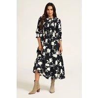 FS Collection Women's Floral Print 3/4 Length Sleeves Smocked Midi Dress in Black | Size: 10