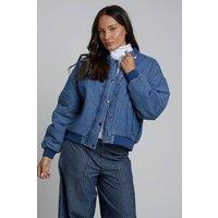 Wednesday's Girl Women's Diamond Quilted Bomber Denim-Style Jacket in Blue | Size: XS