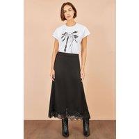 Yumi Women's Satin Midi Skirt With Lace Trims in Black | Size: 8