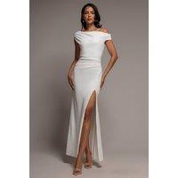 Goddiva Women's Asymmetric One Shoulder Front Split Scuba Crepe Maxi Dress in White | Size: 18